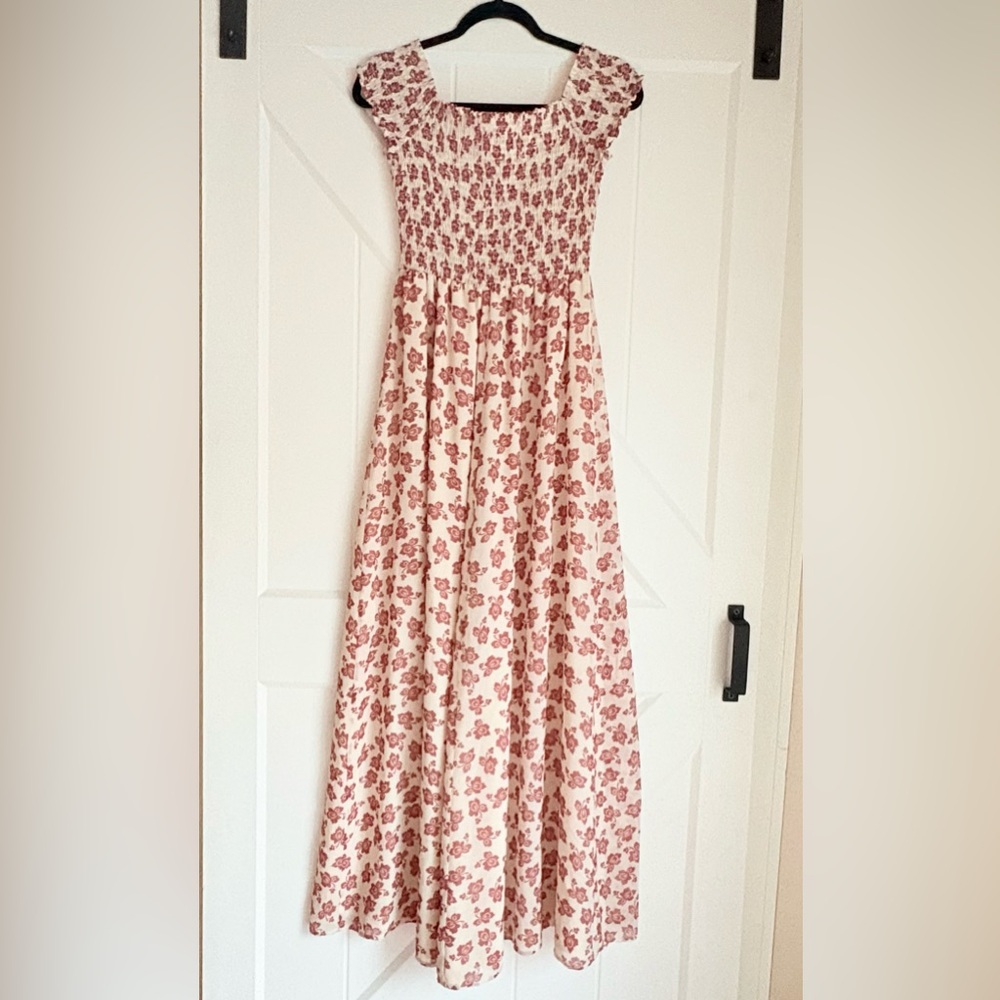 Tularosa Floral Smocked Maxi Dress Cream Pink Cottagecore Size S Wedding